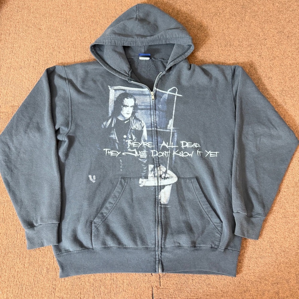 VTG The Crow Movie Graphic Zip Up Hoodie Black Eric Draven Vintage Style Mens L